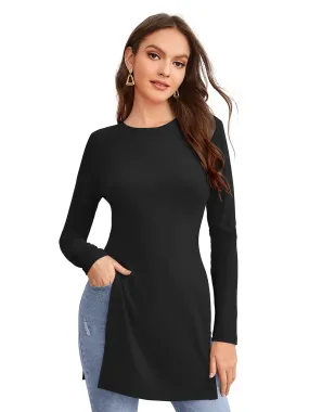 Odette Black Polyester Solid Long Top For Women