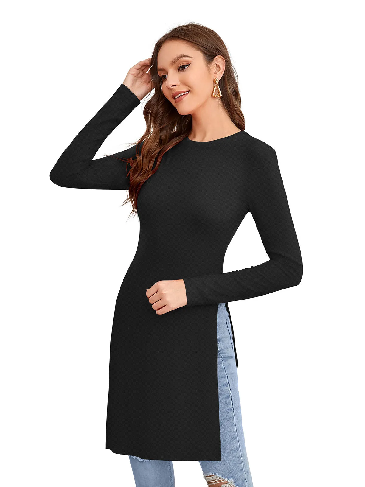 Odette Black Polyester Solid Long Top For Women