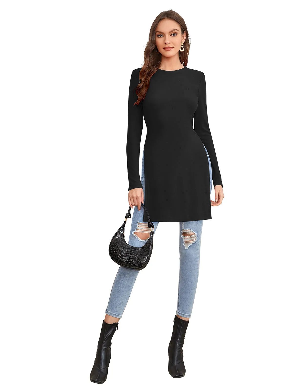 Odette Black Polyester Solid Long Top For Women