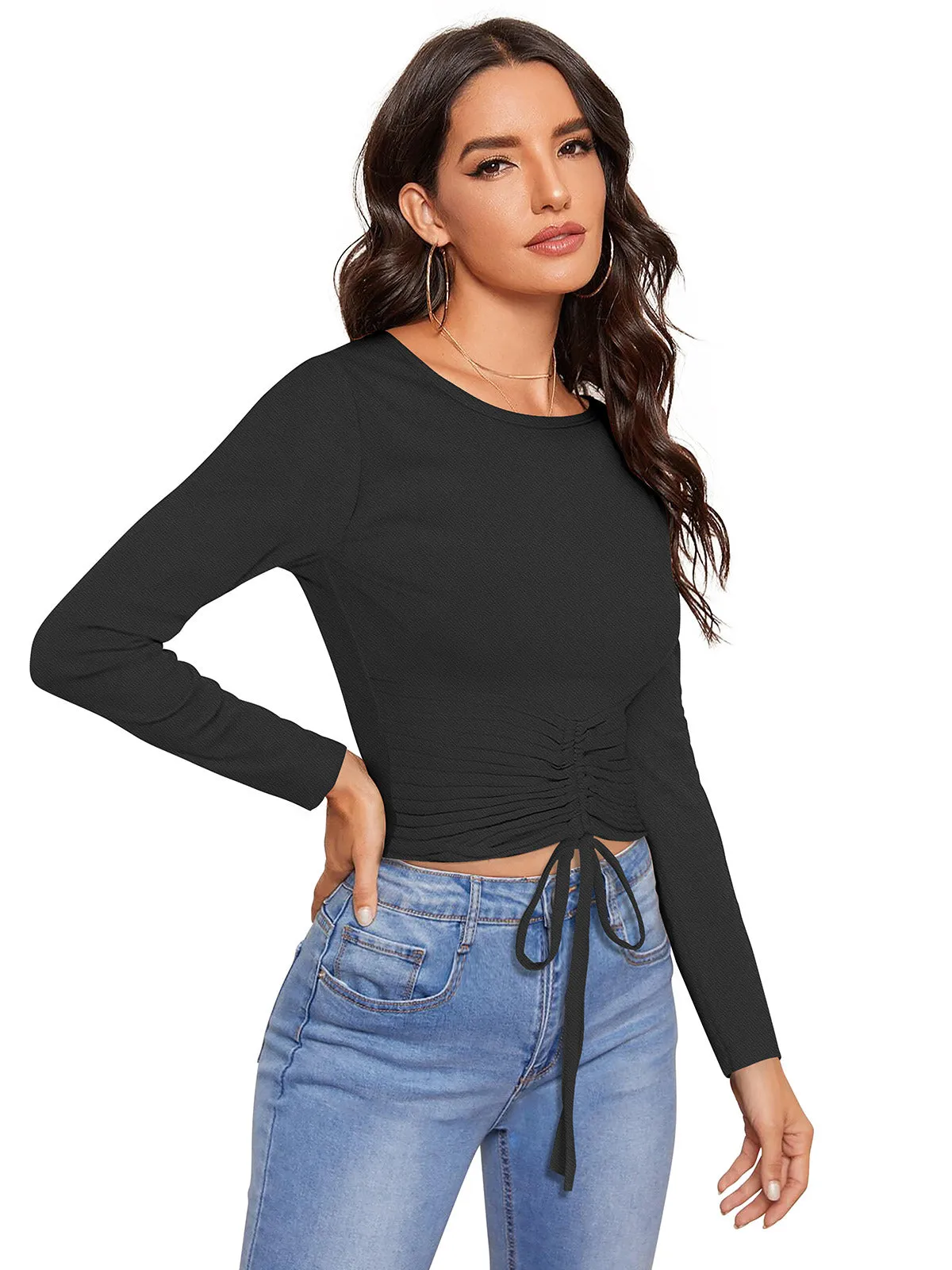 Odette Black Polyester Solid Top For Women