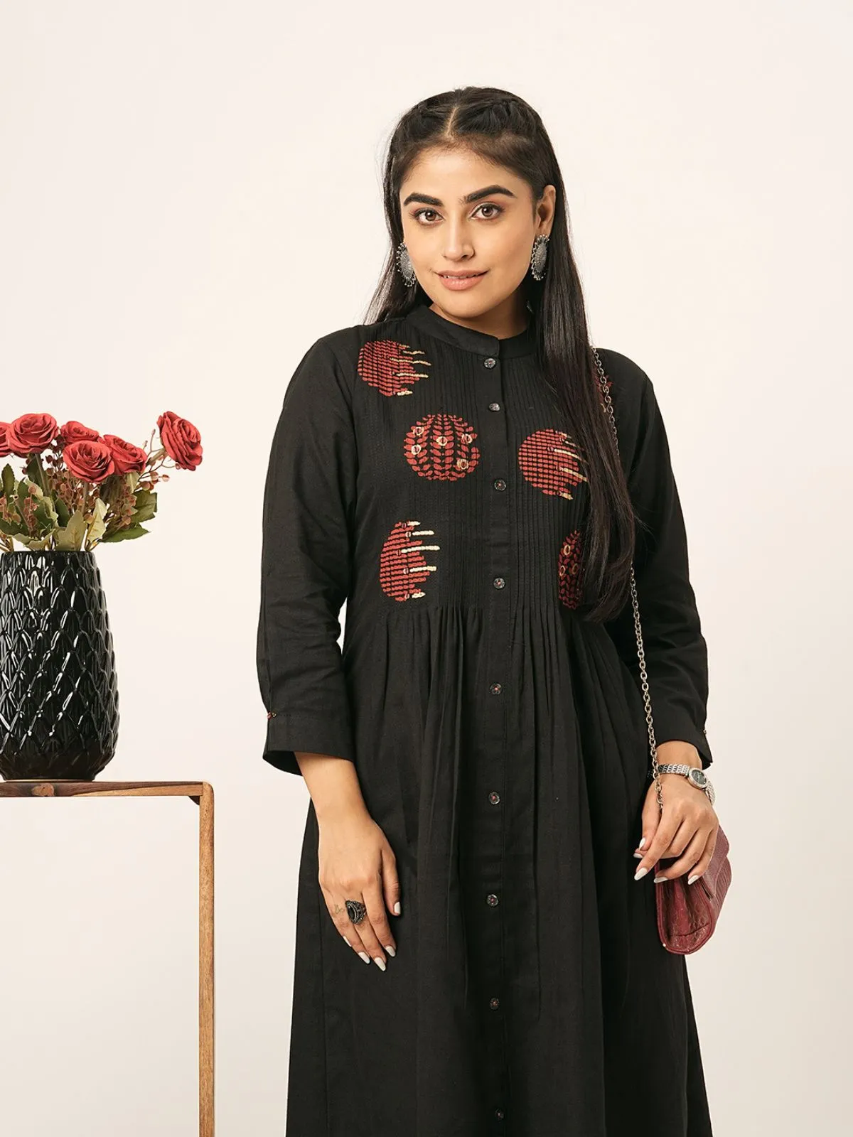 Odette Black Printed Cotton Stitched Kurta for Women