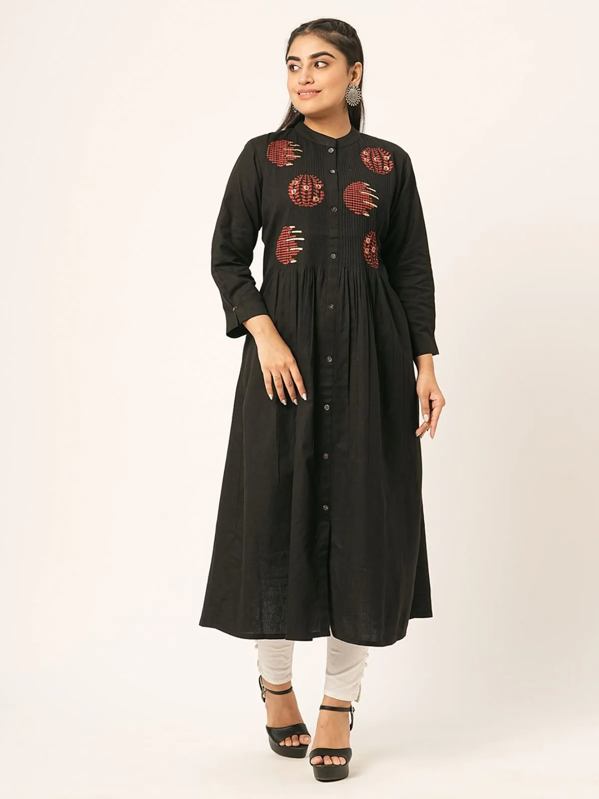 Odette Black Printed Cotton Stitched Kurta for Women