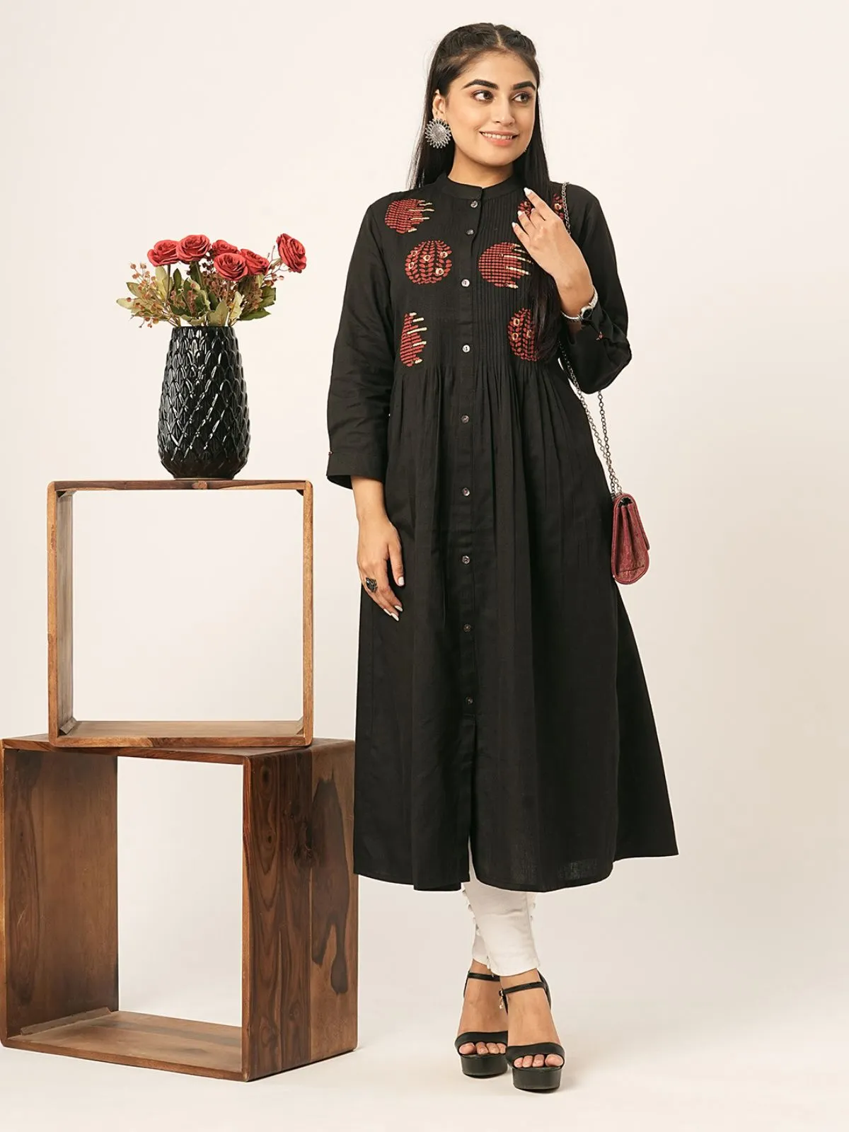 Odette Black Printed Cotton Stitched Kurta for Women