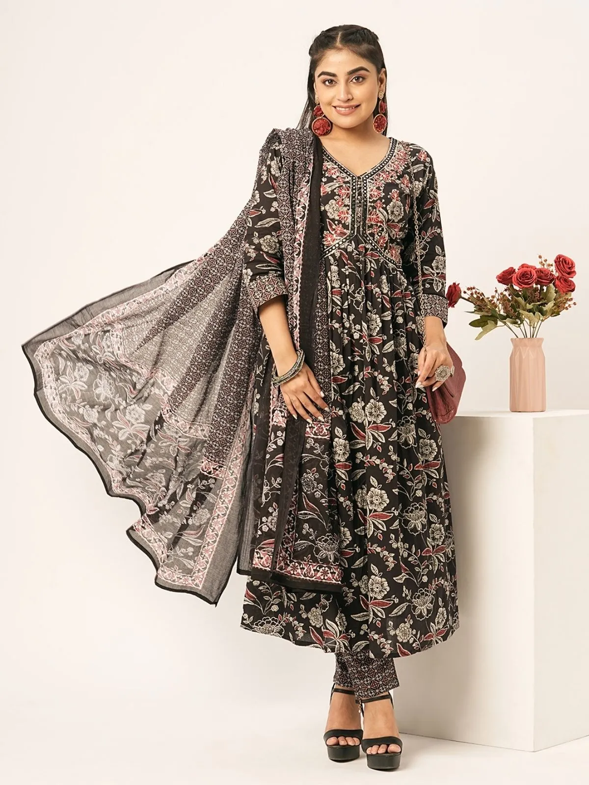 Odette Black Printed Cotton Stitched Kurta Set For Women