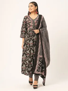 Odette Black Printed Cotton Stitched Kurta Set For Women