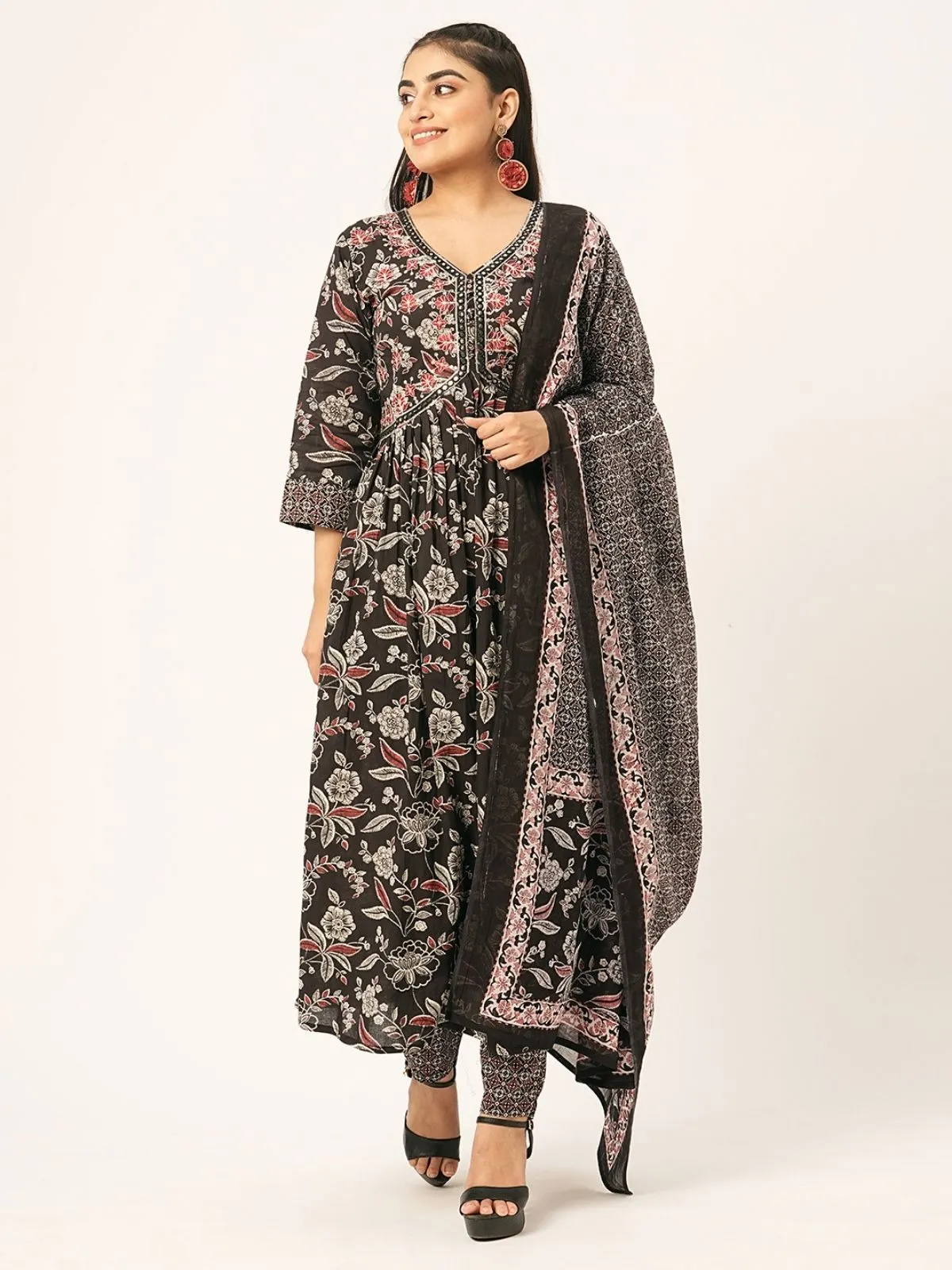 Odette Black Printed Cotton Stitched Kurta Set For Women