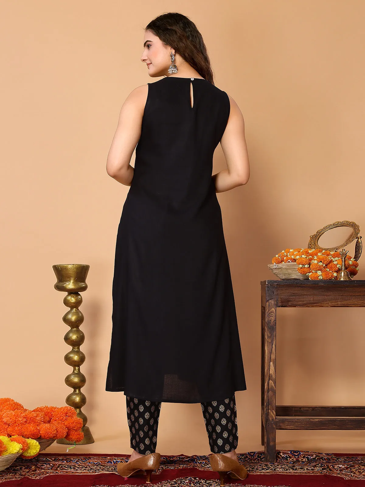 Odette Black Rayon Solid A Line Kurta Set For Women