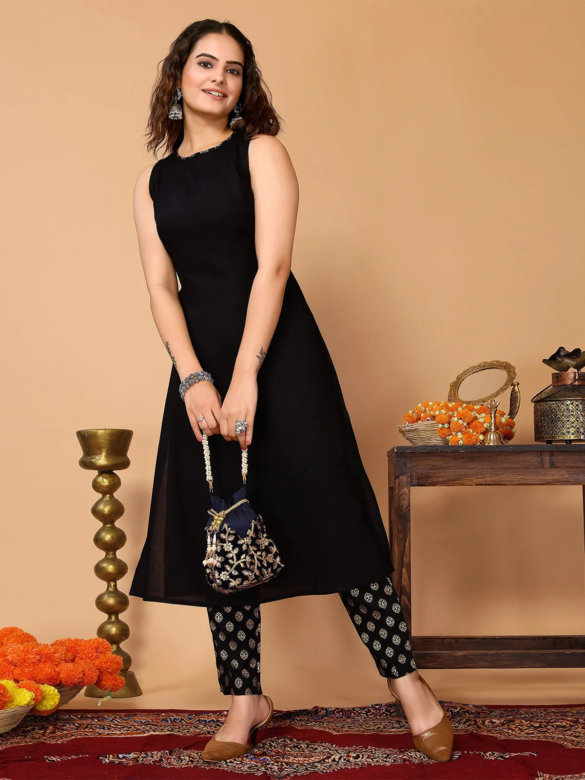 Odette Black Rayon Solid A Line Kurta Set For Women