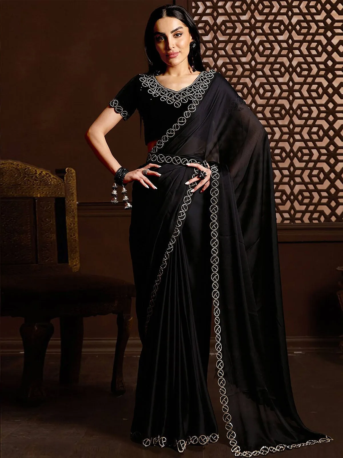 Odette Black Satin Chiffon Embellished Saree With Unstitched Blouse For Women