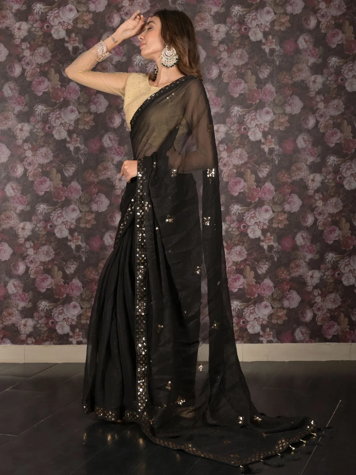 Odette Black Sequins Embroidered Poly Georgette Saree with Unstitched Blouse for Women