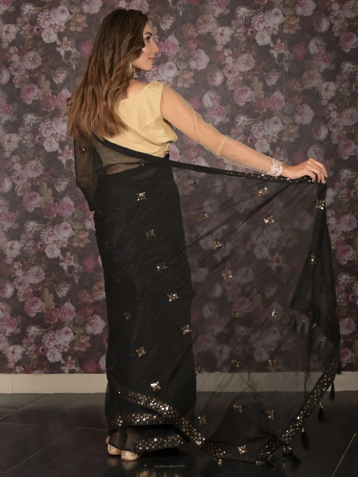 Odette Black Sequins Embroidered Poly Georgette Saree with Unstitched Blouse for Women