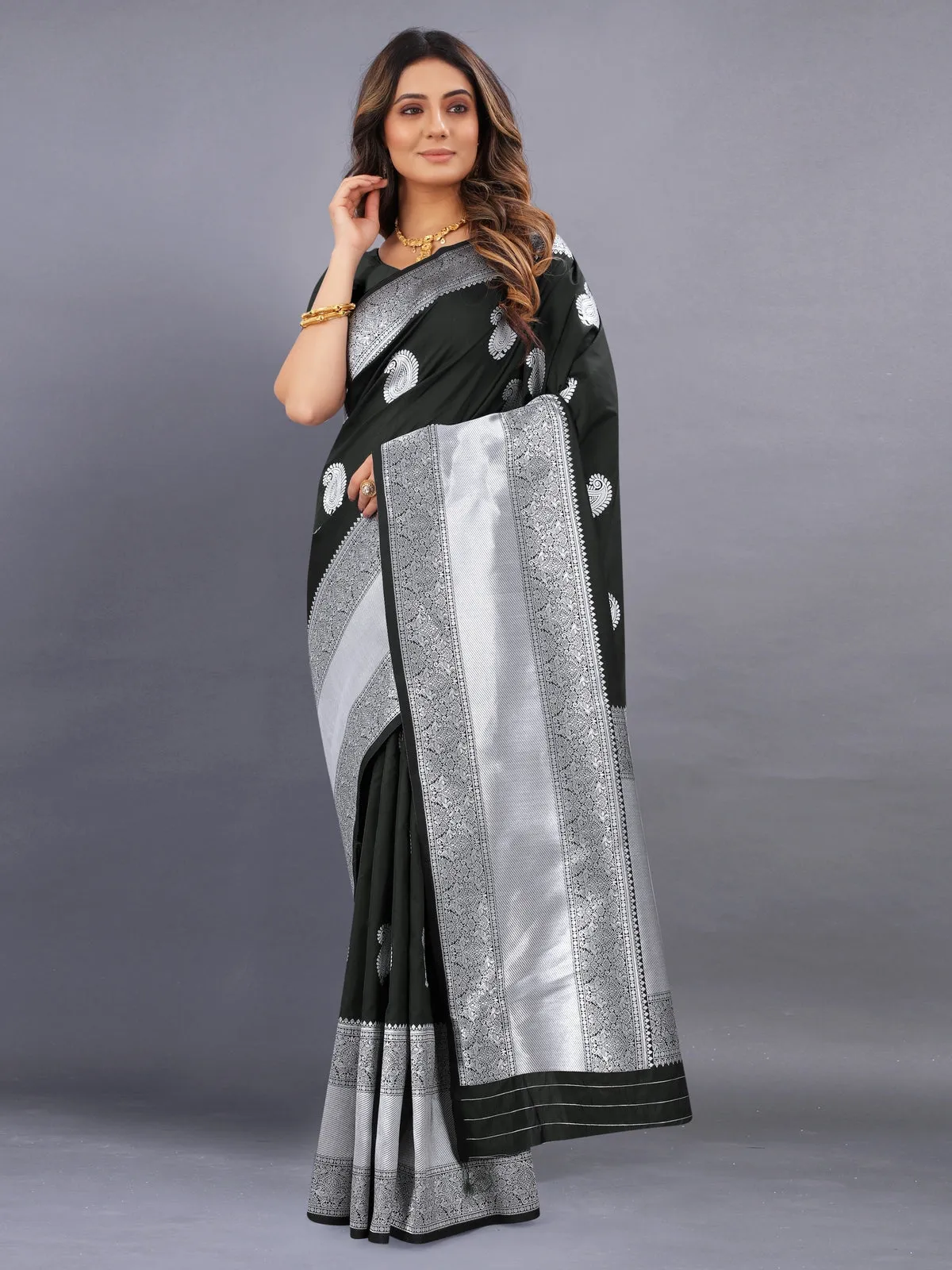 Odette Black Silk Blend Woven Saree with Unstitched Blouse for Women