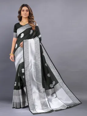 Odette Black Silk Blend Woven Saree with Unstitched Blouse for Women