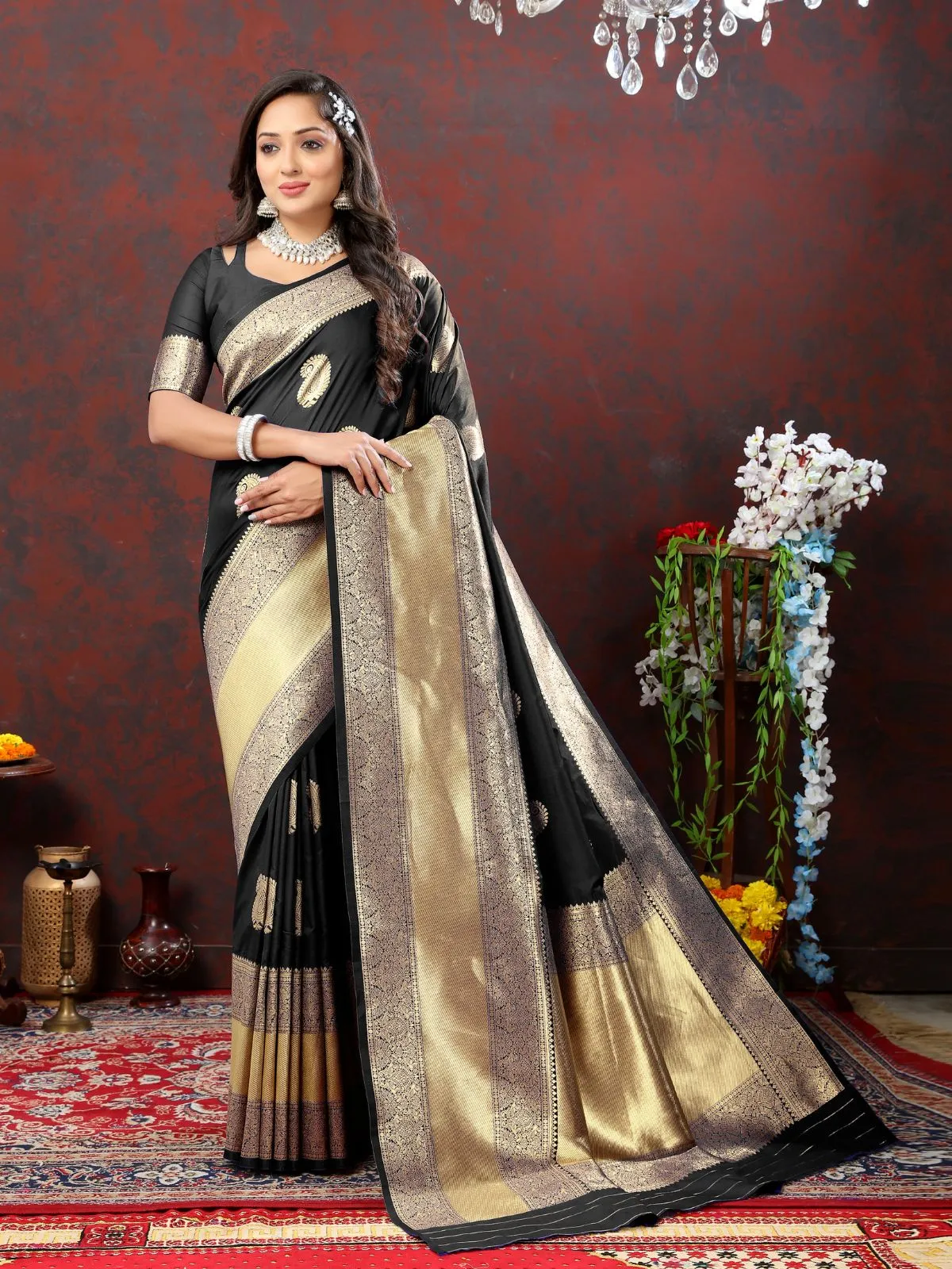 Odette Black Silk Woven Saree with Unstitched Blouse for Women