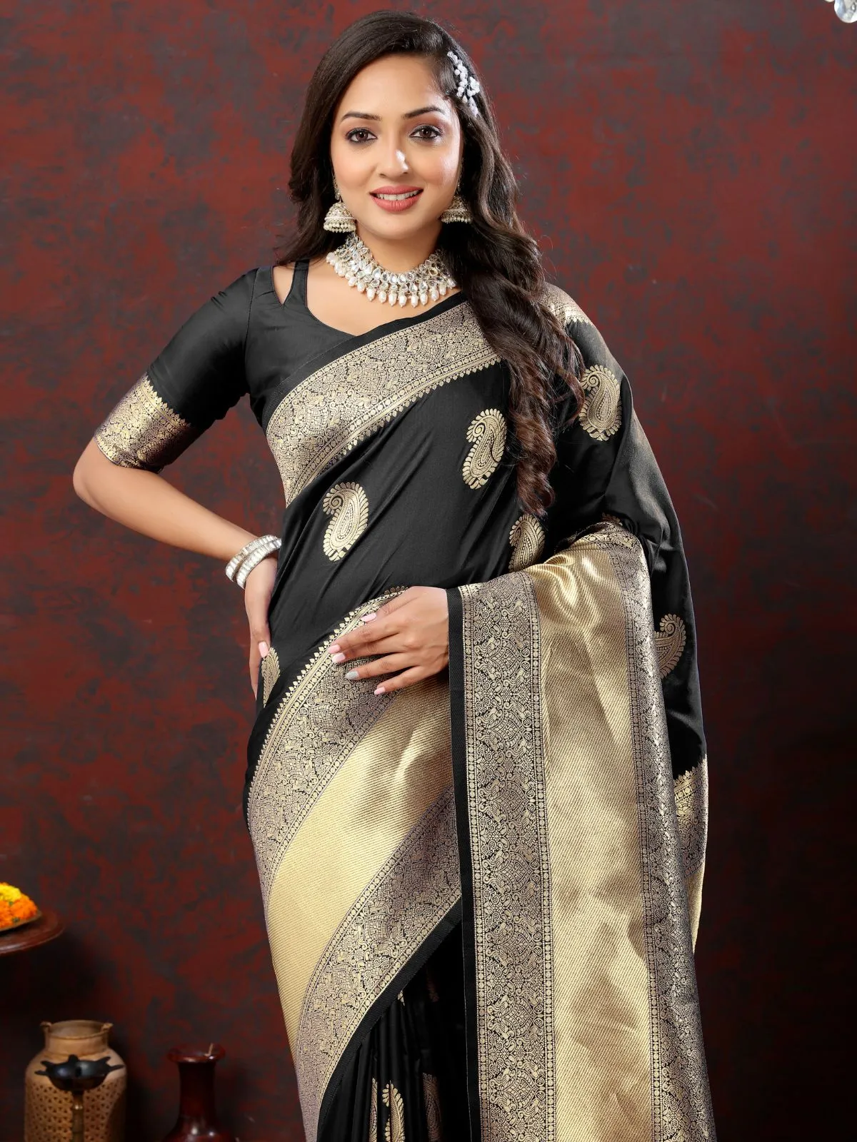 Odette Black Silk Woven Saree with Unstitched Blouse for Women