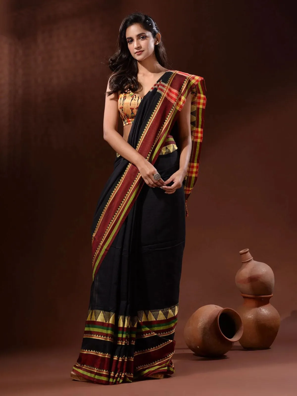 Odette Black Temple Border Cotton Blend Saree With Unstitched Blouse for Women