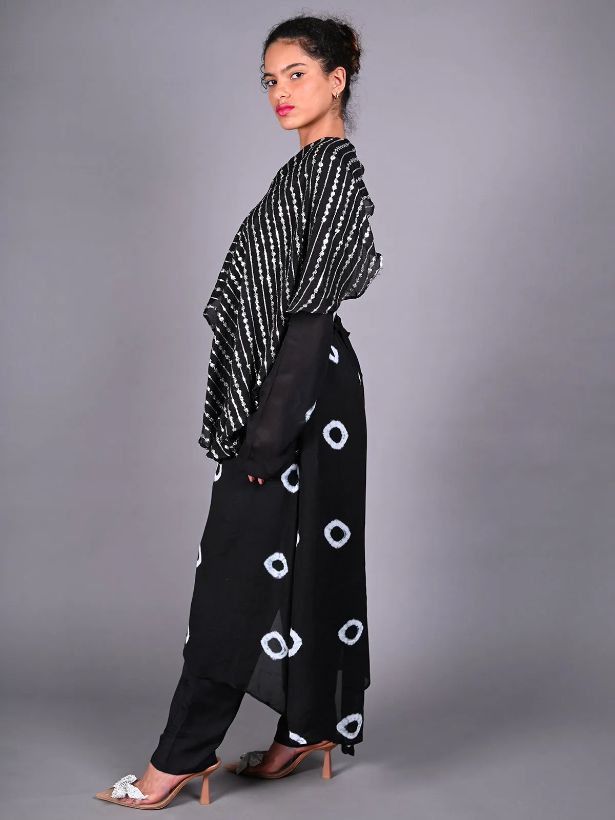 Odette Black Tie-Dye Printed Sequins Embroidered Crepe Co Ord Set for Women