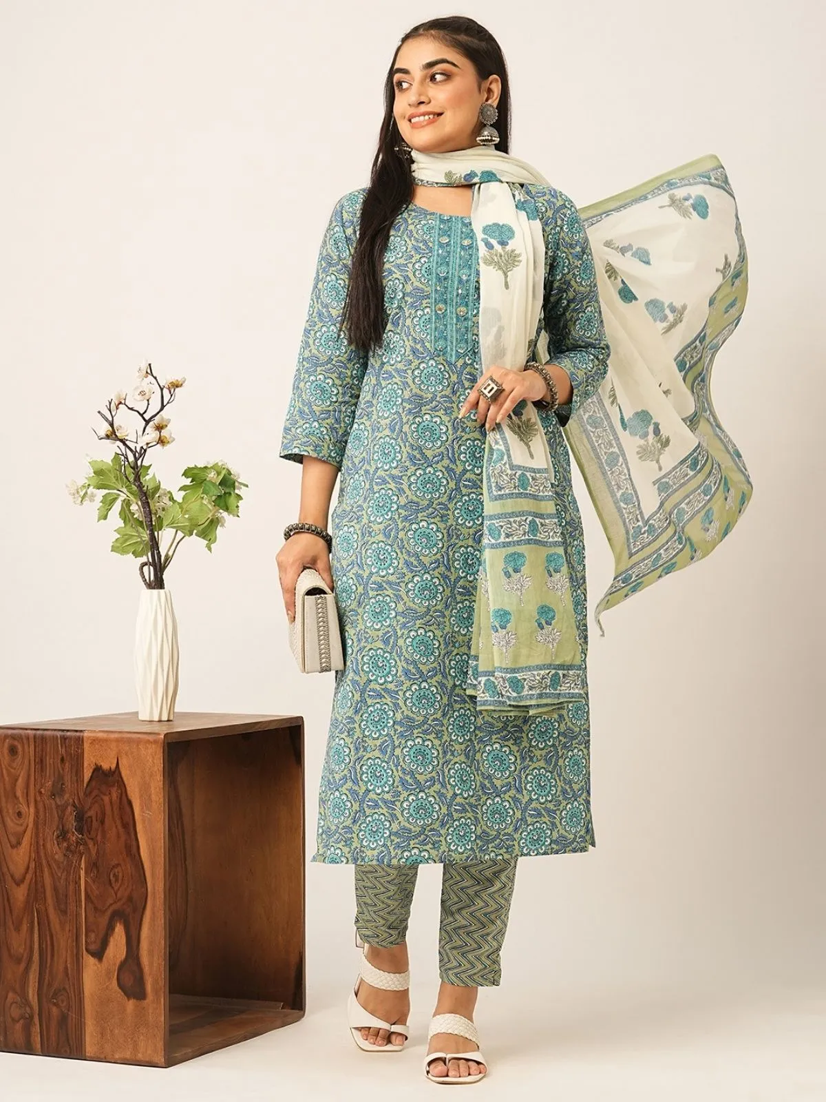 Odette Blue And Green Printed Cotton Stitched Kurta Set For Women