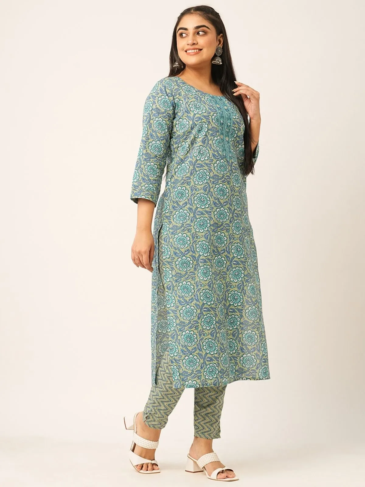 Odette Blue And Green Printed Cotton Stitched Kurta Set For Women