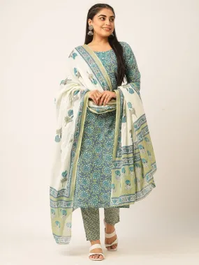 Odette Blue And Green Printed Cotton Stitched Kurta Set For Women