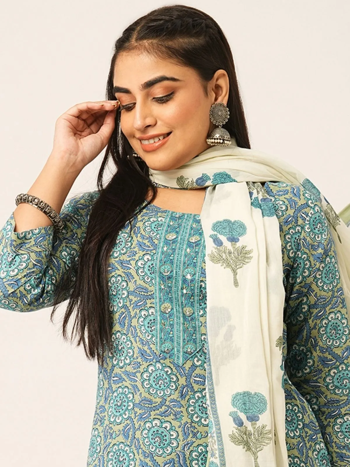 Odette Blue And Green Printed Cotton Stitched Kurta Set For Women