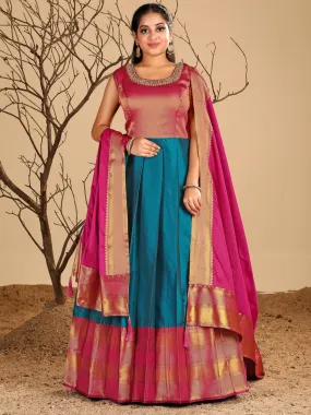 Odette Blue and Pink Banarasi  Woven Stitched Gown  for Women