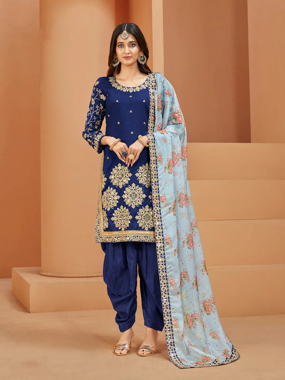 Odette Blue Art Silk  Embroidered Semi stitched Kurta Set For Women