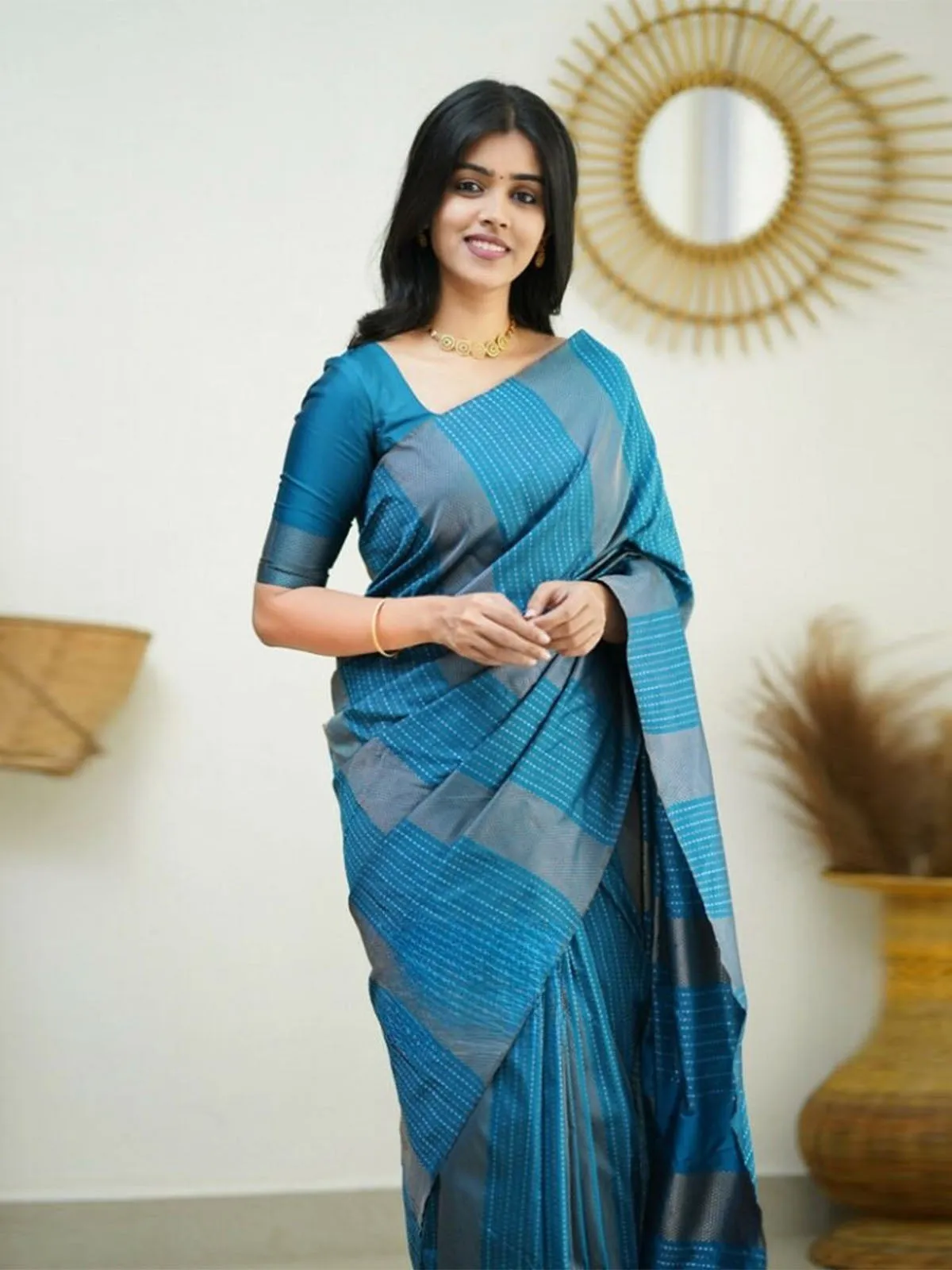 Odette Blue Banarasi Silk Woven Saree With Unstitched Blouse For Women