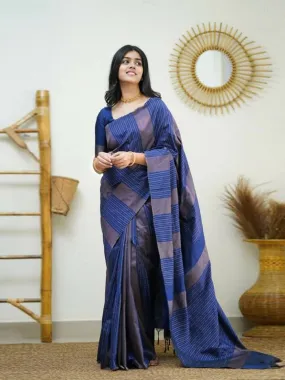 Odette Blue Banarasi Silk Woven Saree With Unstitched Blouse For Women