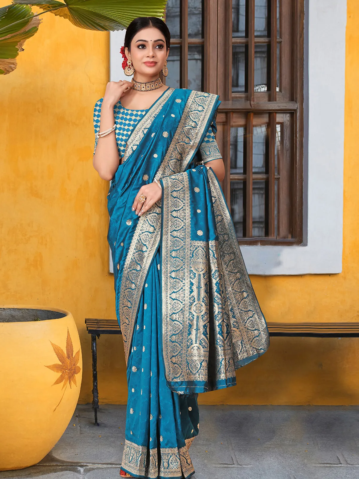 Odette Blue Banarasi Woven Saree With Unstitched Blouse For Women