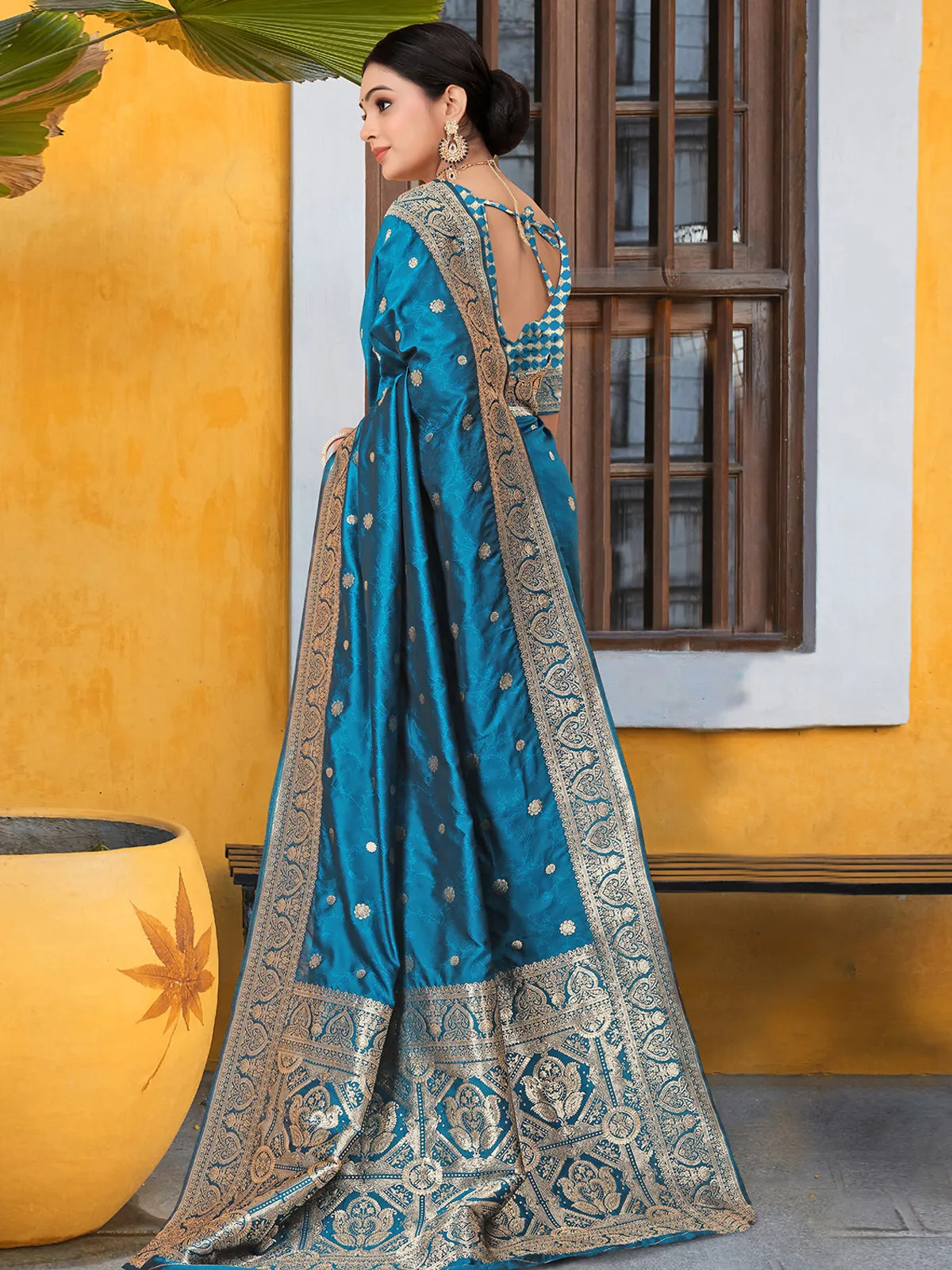 Odette Blue Banarasi Woven Saree With Unstitched Blouse For Women