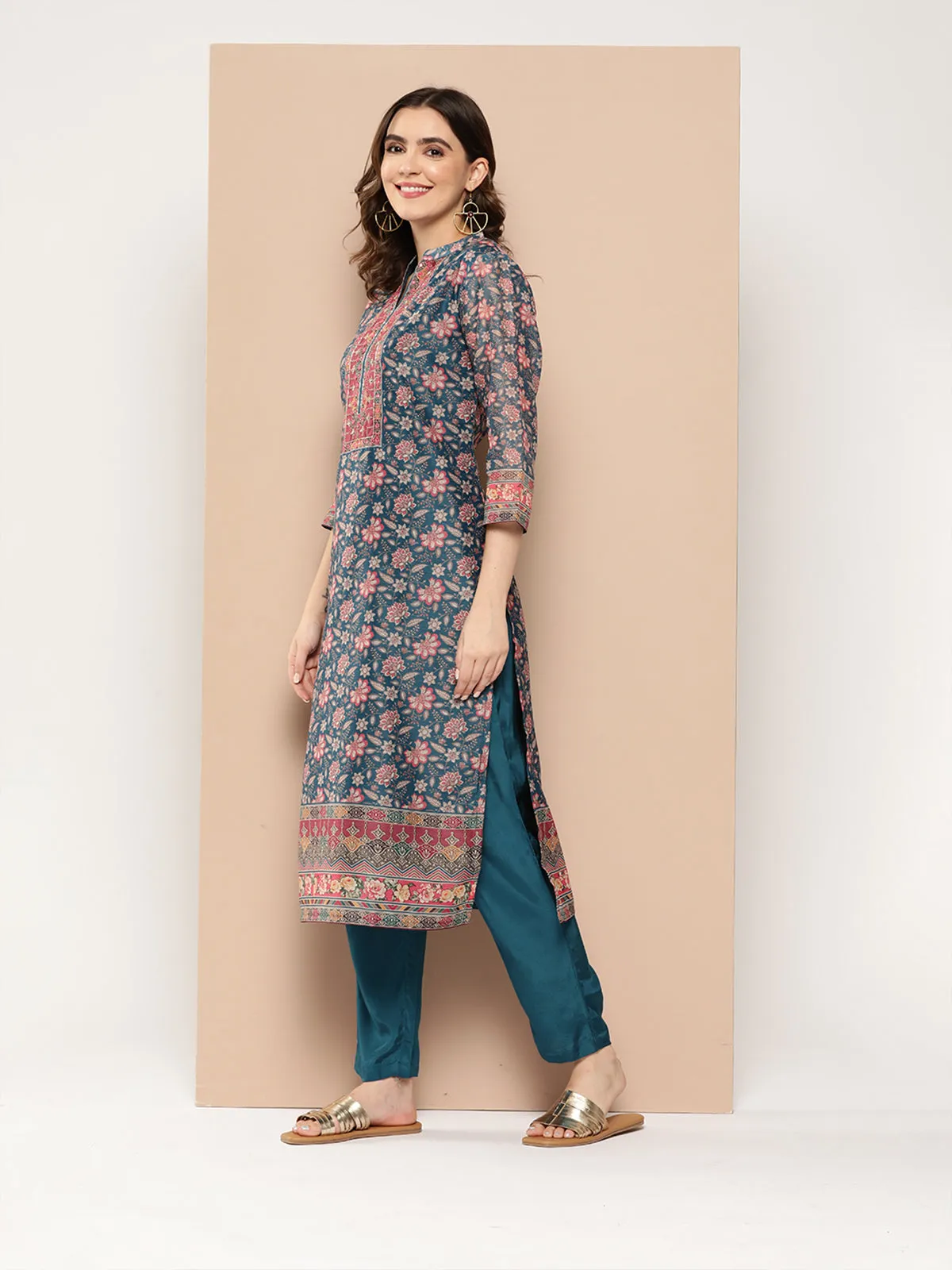 Odette Blue Chanderi Silk Stitched Kurta Set for Women