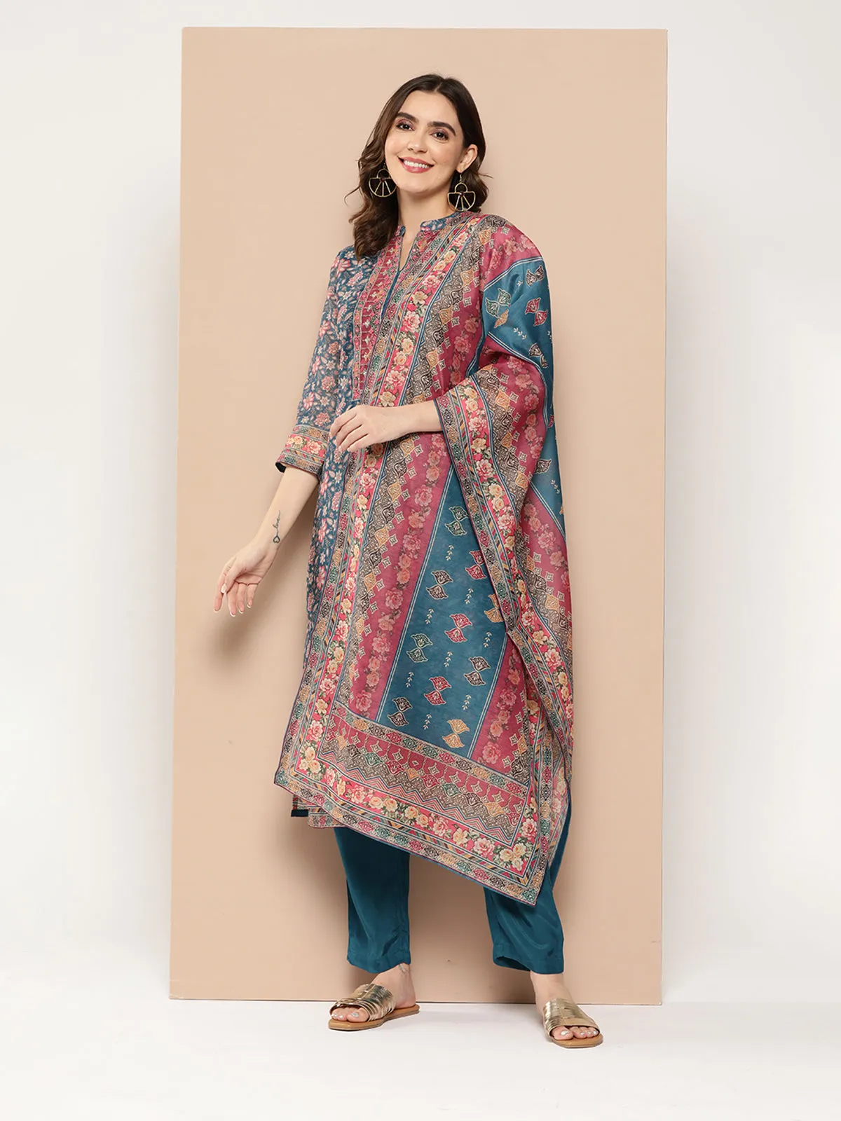 Odette Blue Chanderi Silk Stitched Kurta Set for Women