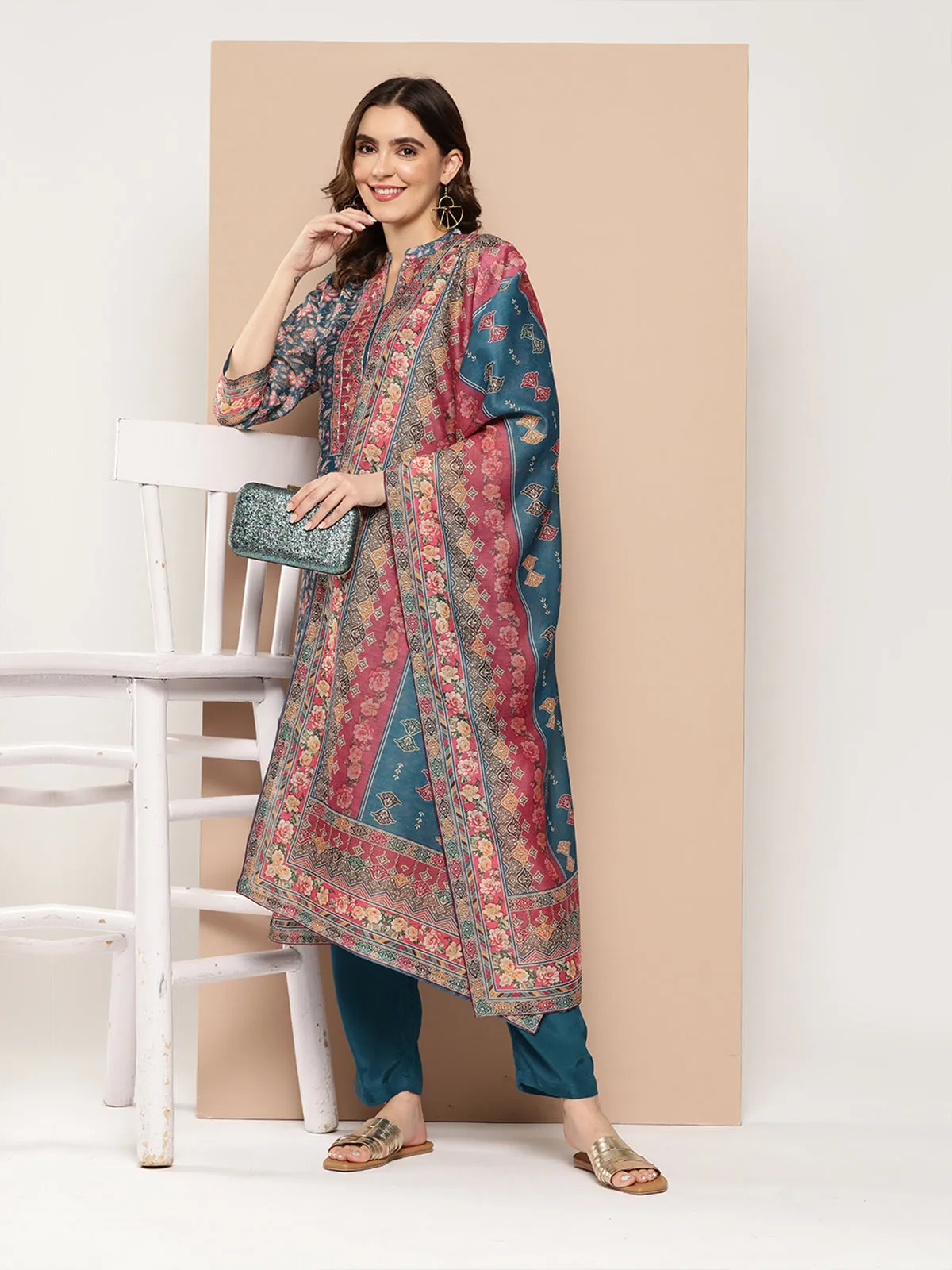 Odette Blue Chanderi Silk Stitched Kurta Set for Women