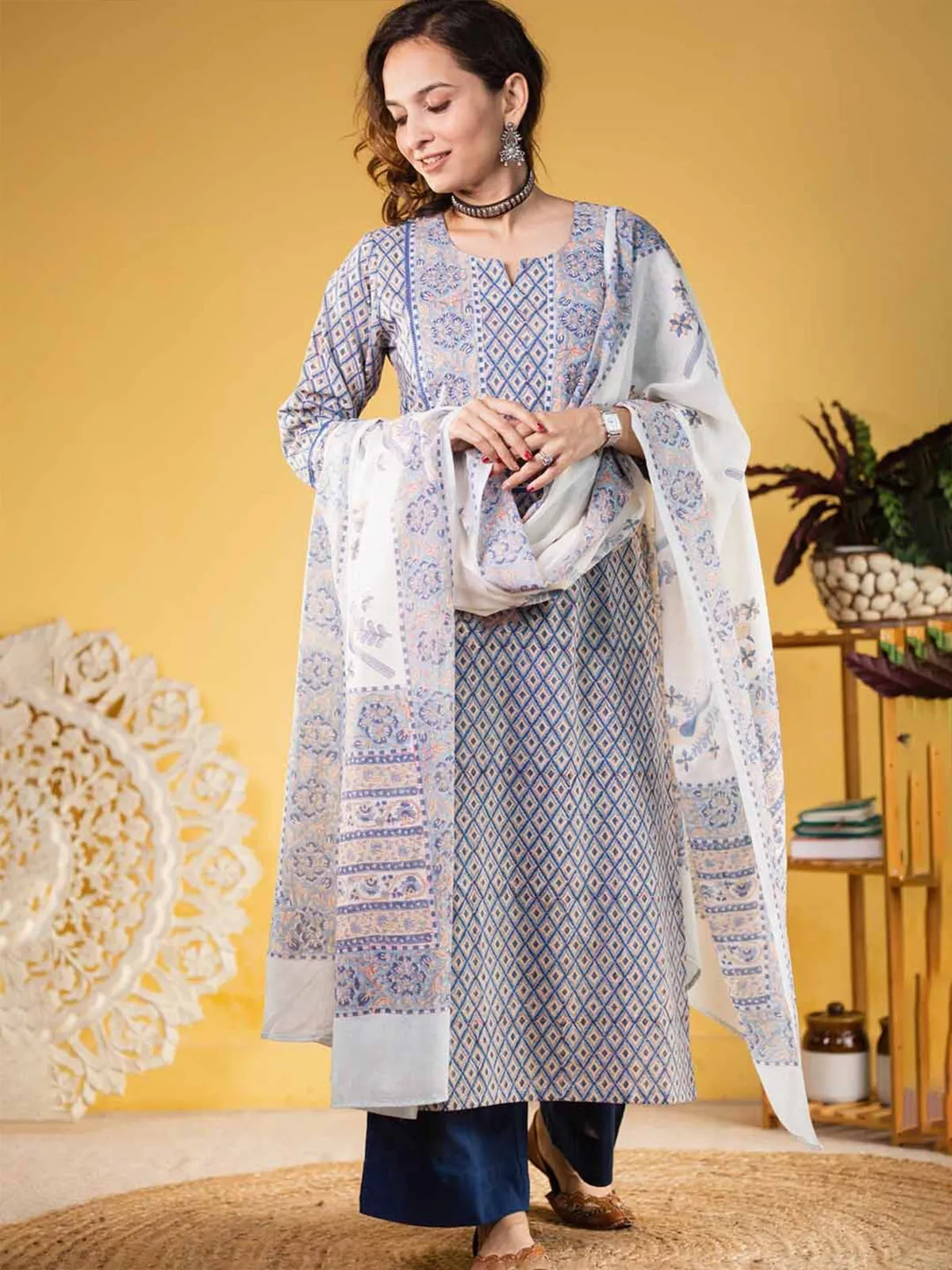 Odette Blue Cotton Blend Printed Straight Kurta Set For Women