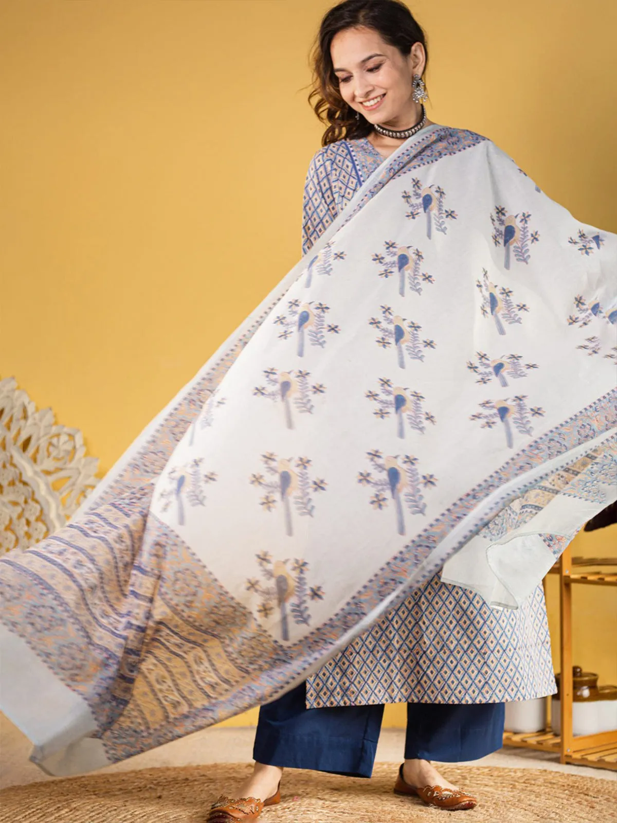 Odette Blue Cotton Blend Printed Straight Kurta Set For Women