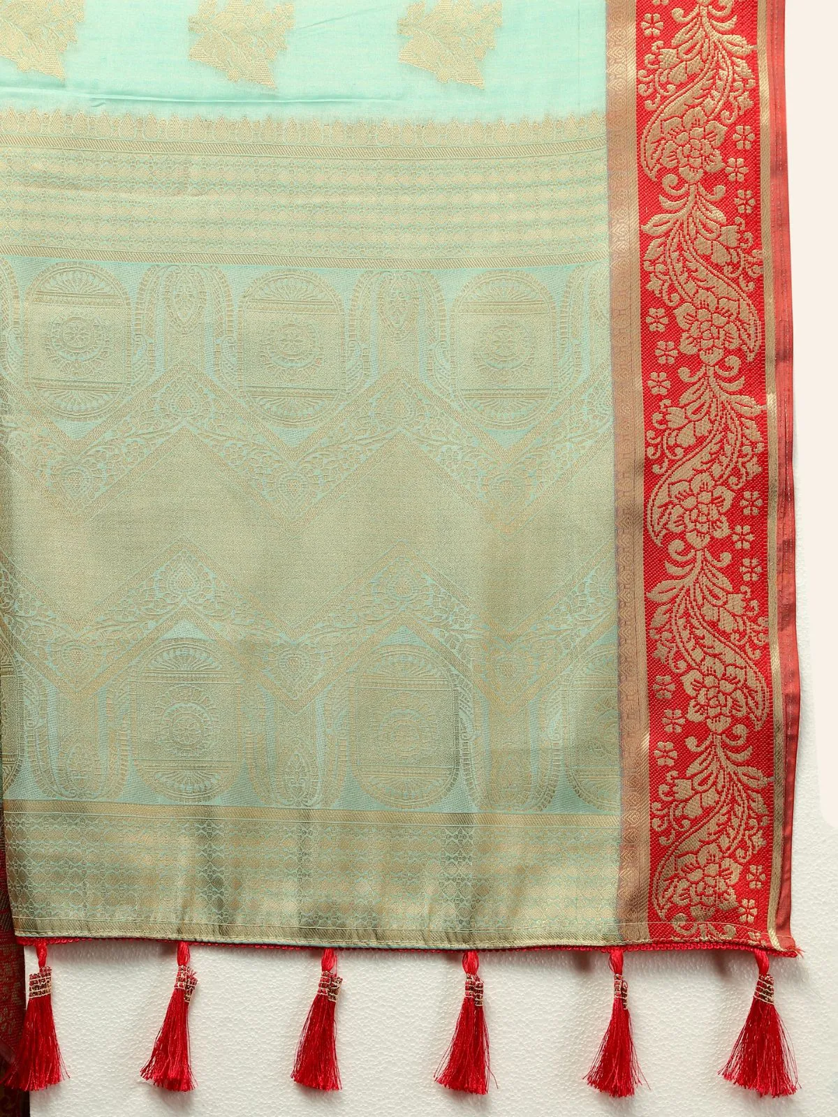 Odette Blue Cotton Blend Woven Saree with Unstitched Blouse for Women