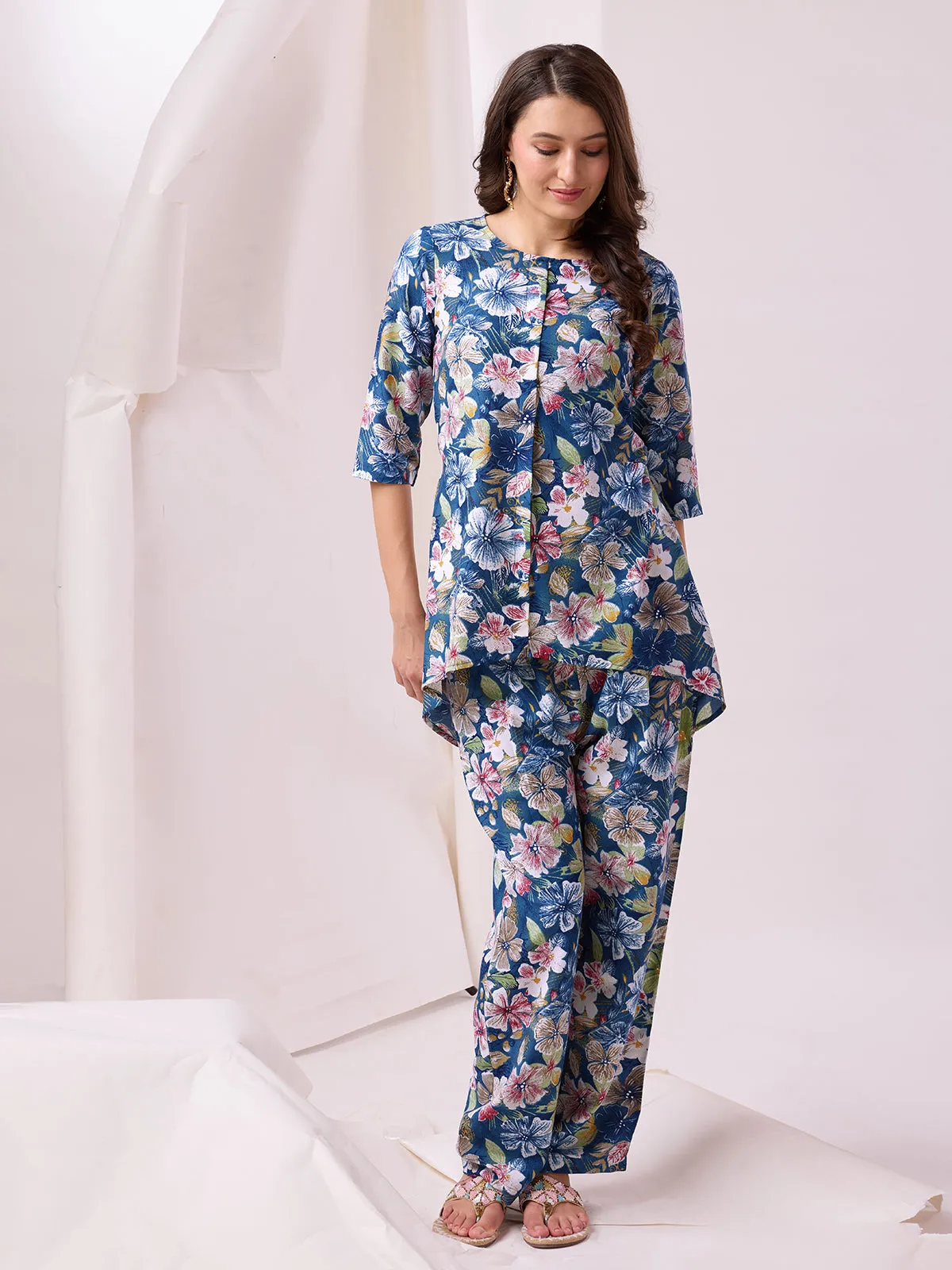 Odette Blue Cotton Printed Co-ord set For Women