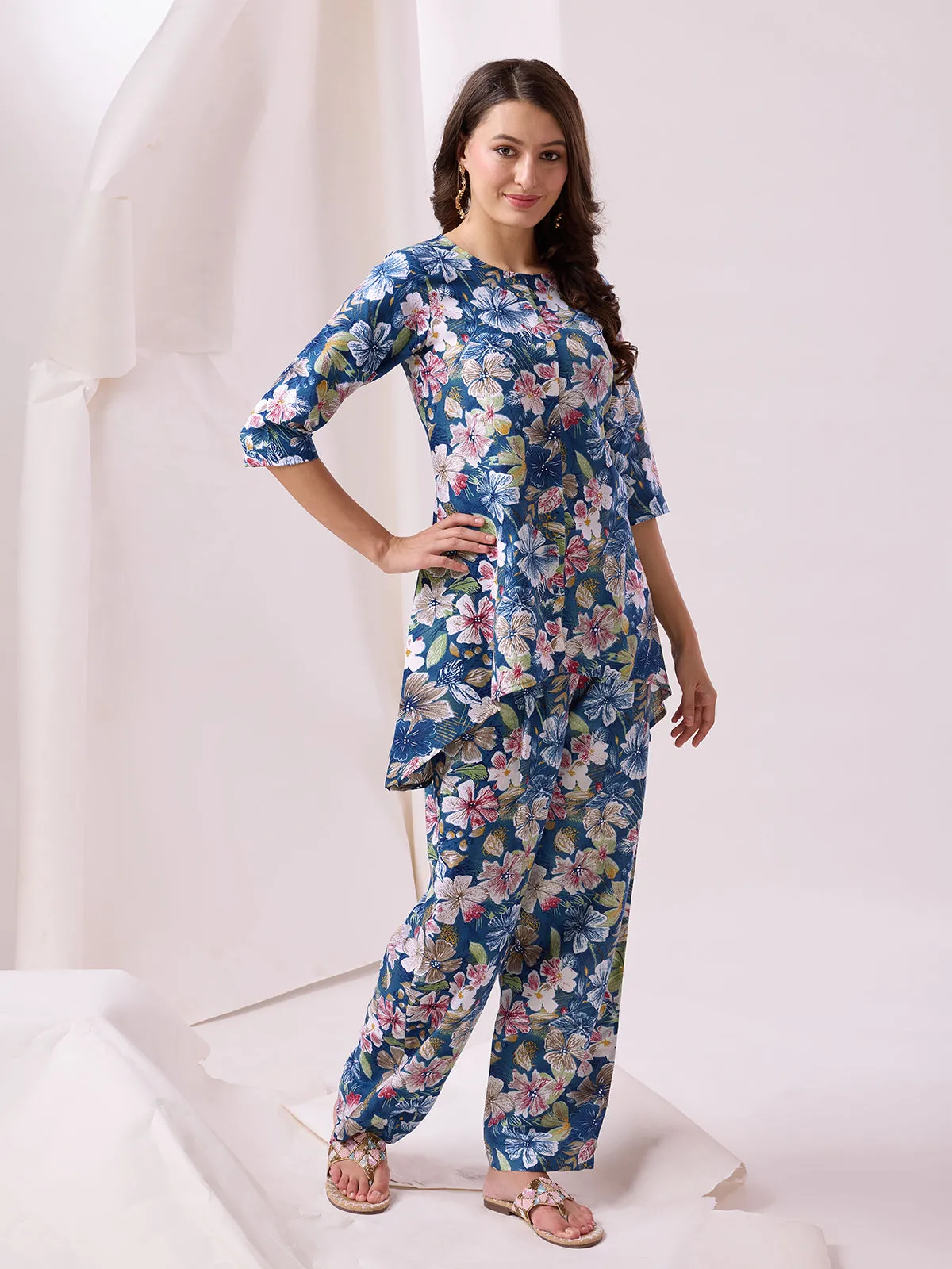 Odette Blue Cotton Printed Co-ord set For Women