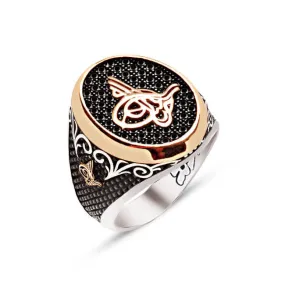 Ottoman Tughra on Black Zircons Ellipse Silver Men’s Ring Siding Curvy and Black Diamond Pattern and Ottoman Tughra