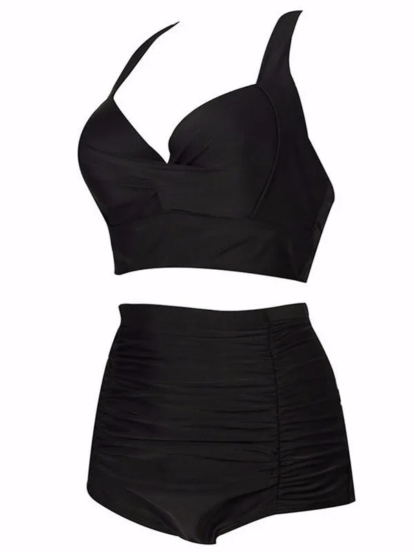 Plus Size Elegant Black High-waisted Bikini Sets