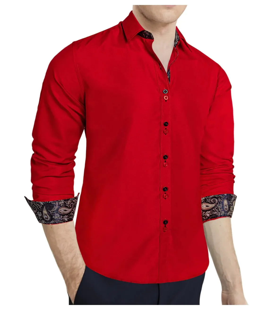 Red Mens's Shirt with contrast colored buttons unique cuffs design -CY-2201