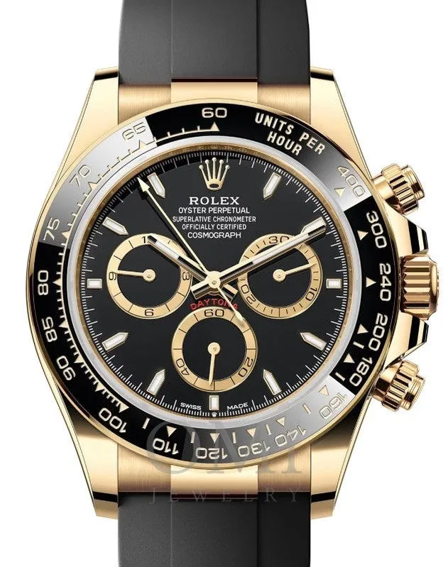 ROLEX DAYTONA YELLOW GOLD BLACK DIAL OYSTERFLEX 126518LN WITH RUBBER BAND