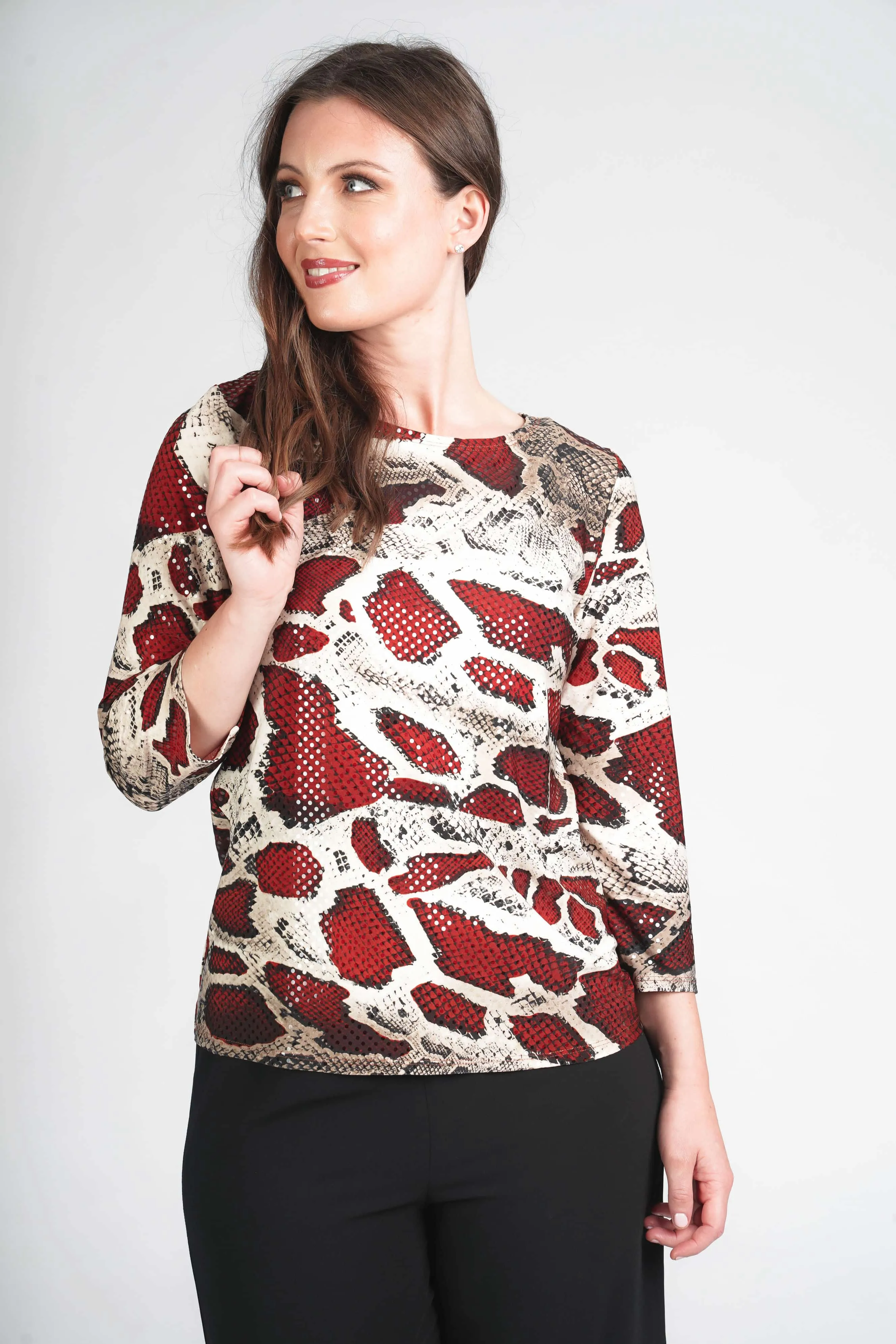 Saloos Drop-Sequins Snake Print Top