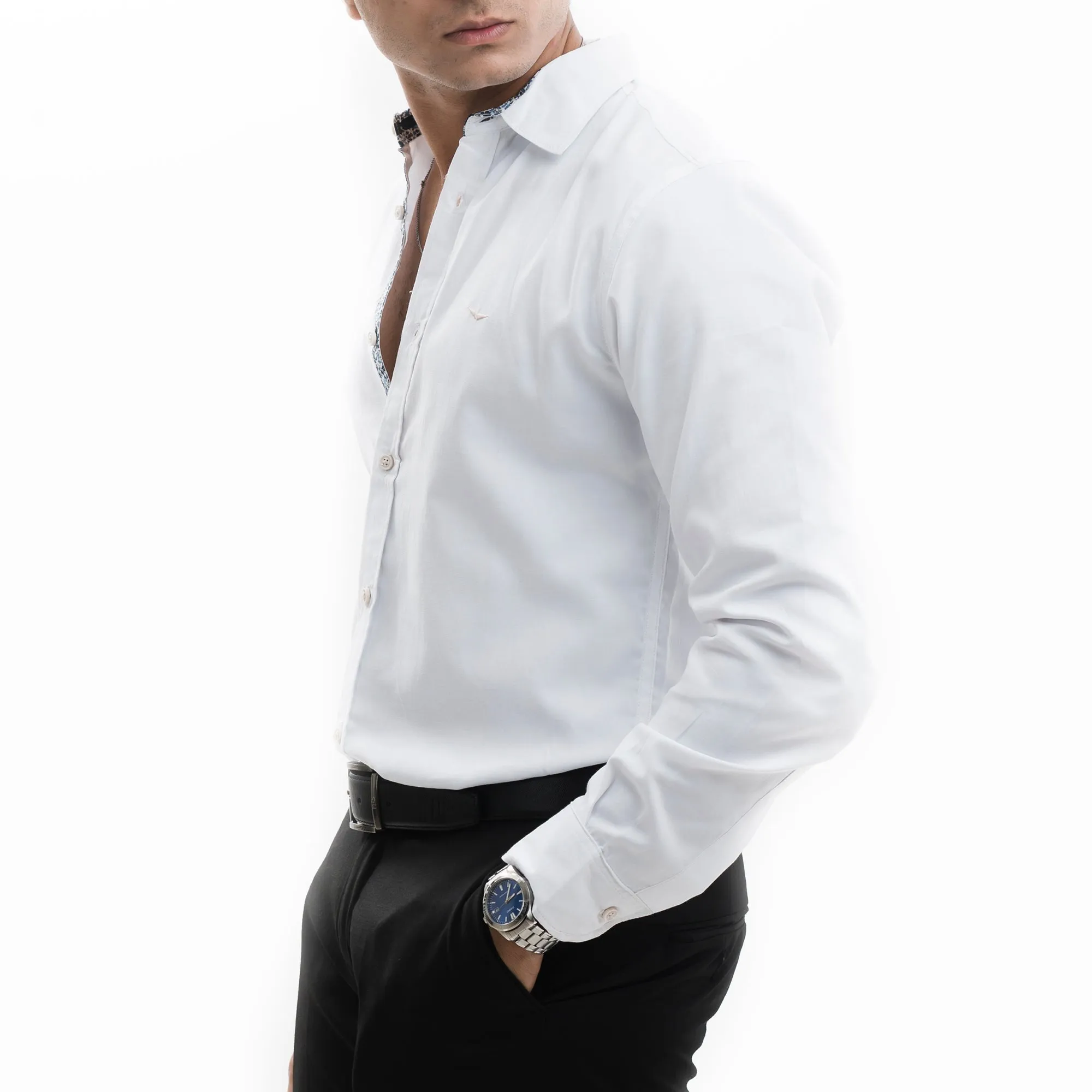 Solid White Accented Casual Shirt