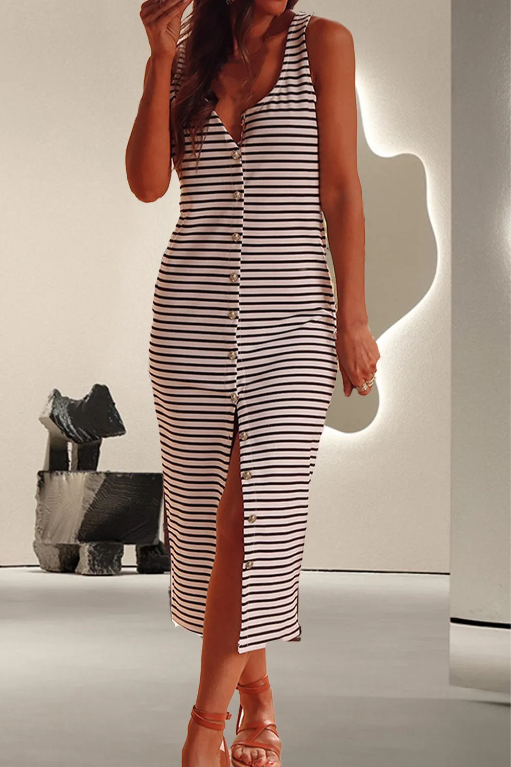 Sunset Vacation Striped Wide Strap Midi Dress