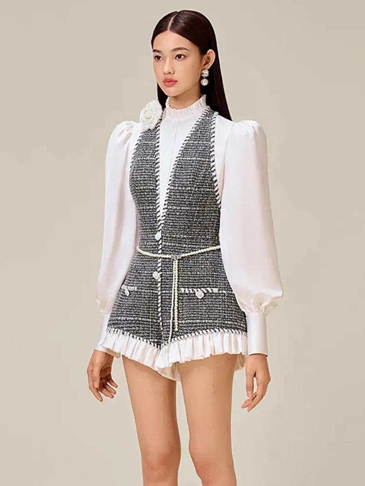 Trendy Patchwork Tweed Playsuit - Autumn Fashion