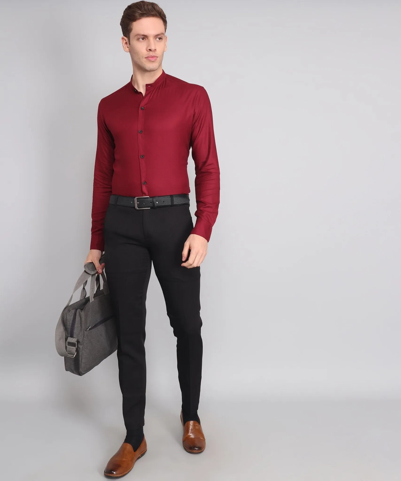 TryBuy Premium Luxurious Full Sleeves Mandarin Collar Maroon Cotton Button-Up Shirt For Men