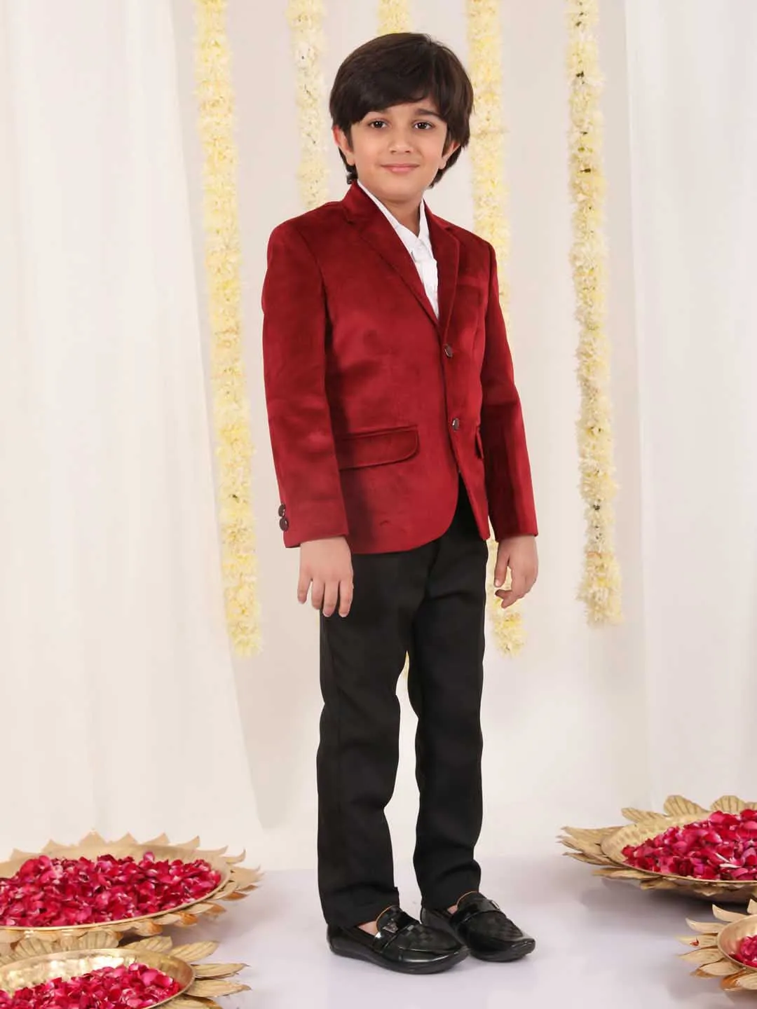 VASTRAMAY Boy's Maroon Velvet Blazer