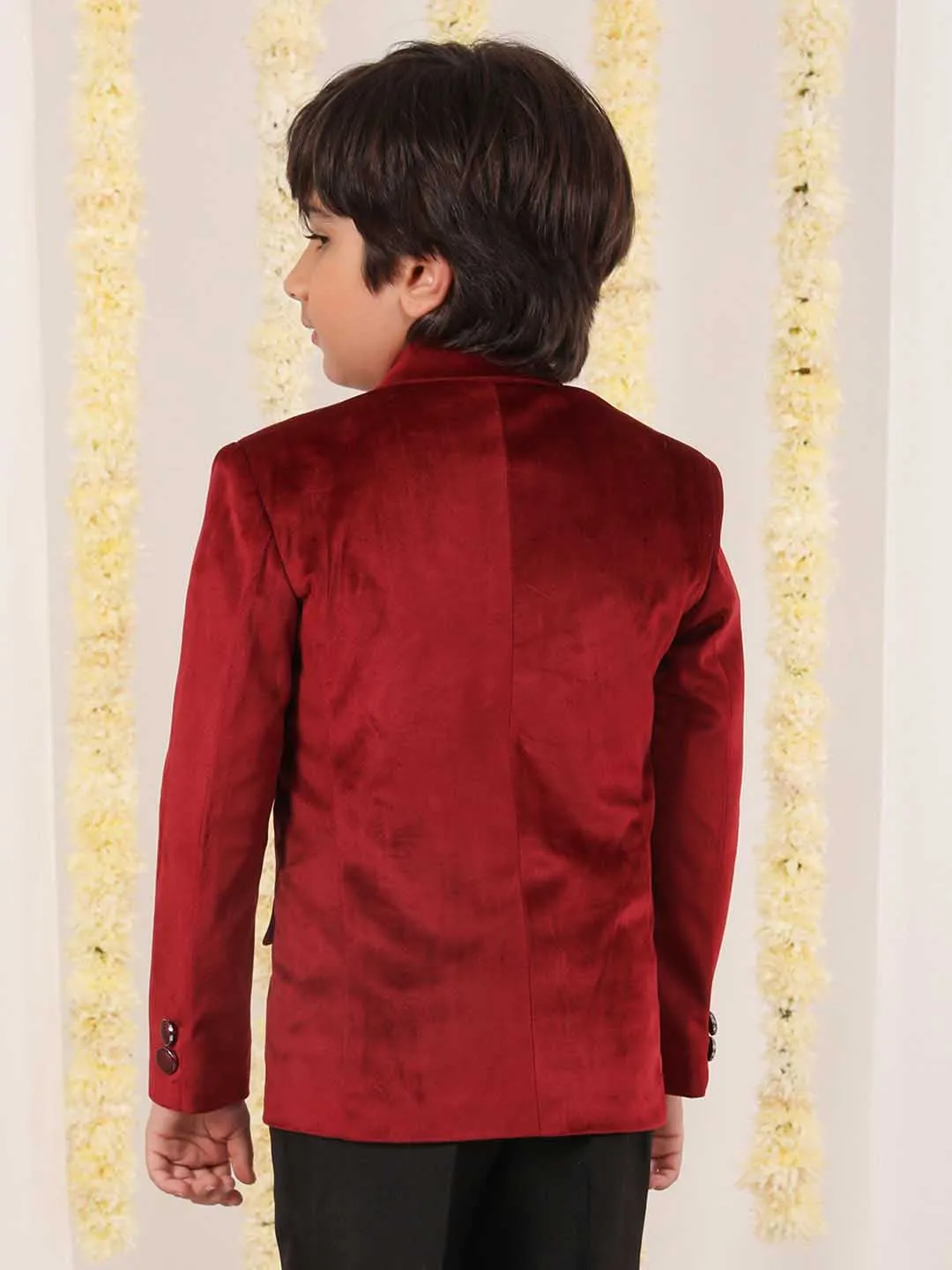 VASTRAMAY Boy's Maroon Velvet Blazer